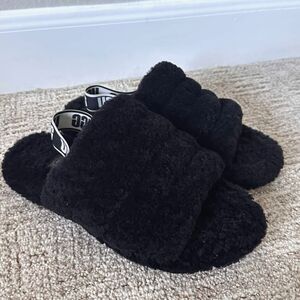 UGG Fluff Yeah Slide Black Elastic Strap Slipper Sandal Size 6 Cozy Loungewear